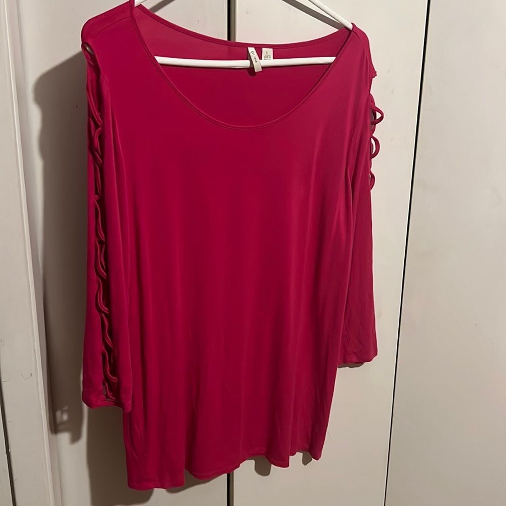 Est. 1946 Pink Magenta Cold Shoulder Lattice Lace Up Sleeve Knit Top Blouse L